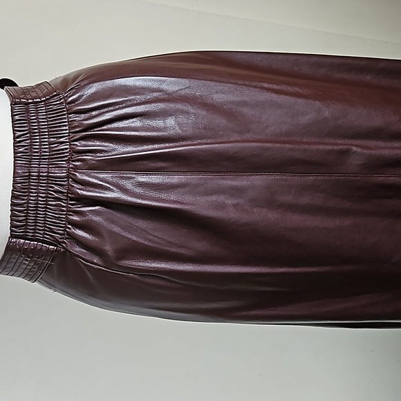 Faux Leather Wine Brown Belted Midi Skirt Snap Buttons Pencil Size Xsmall - Picture 8 of 17